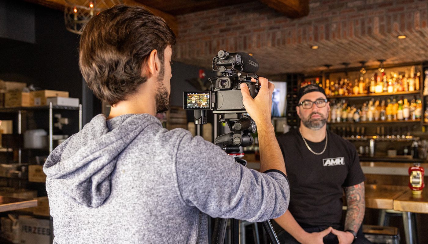 Filming an interview on set with the M3 MicTrak