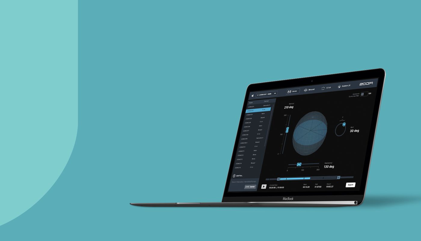 Zoom Ambisonics player software running on a laptop.