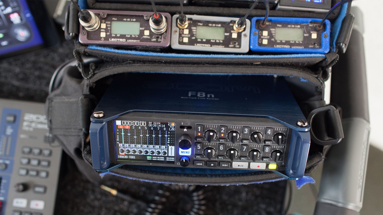 F8n field recording set up in a case with the F-Control and wireless receivers