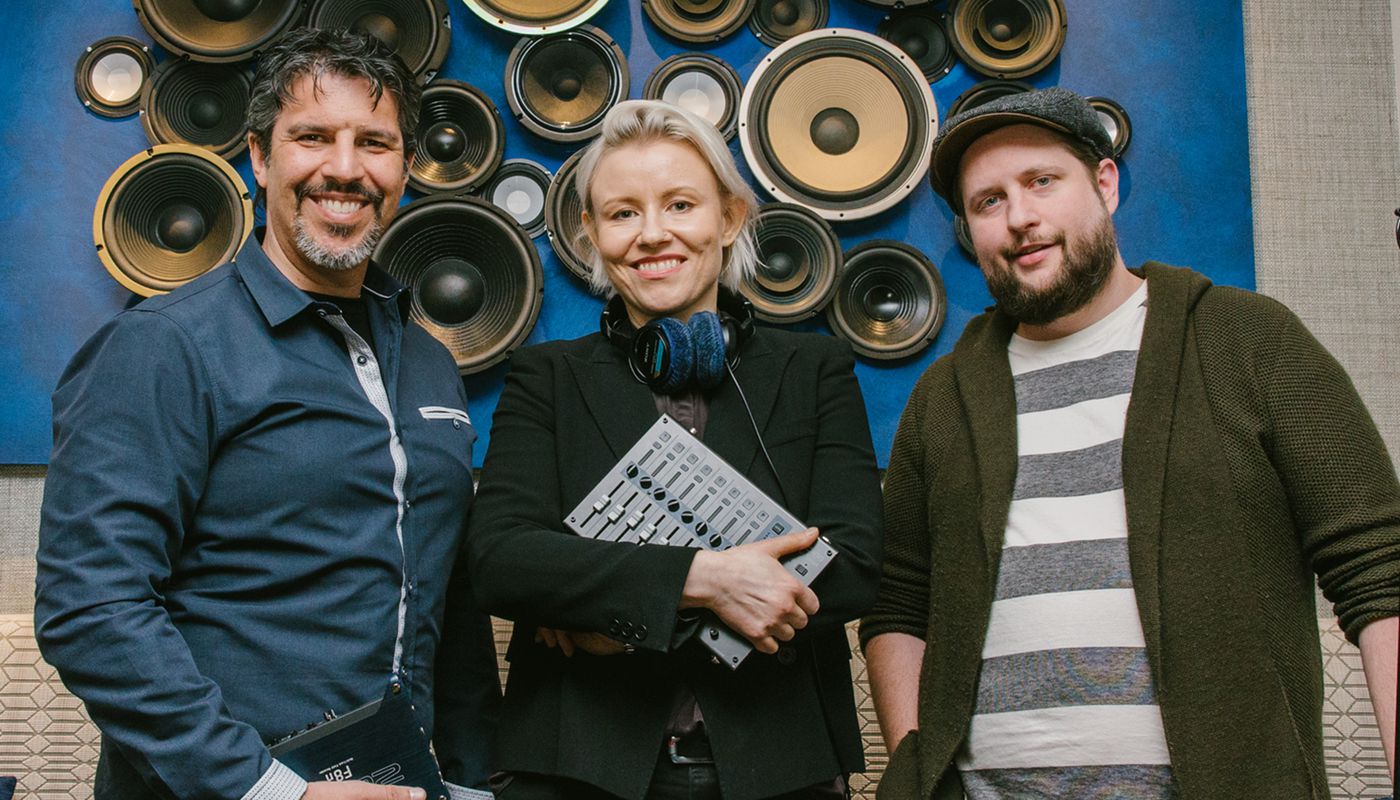 Sound professionals Mark Lanza, Anne Tolkinnen and Andrew Jones at Sony Studios in Burbank, California