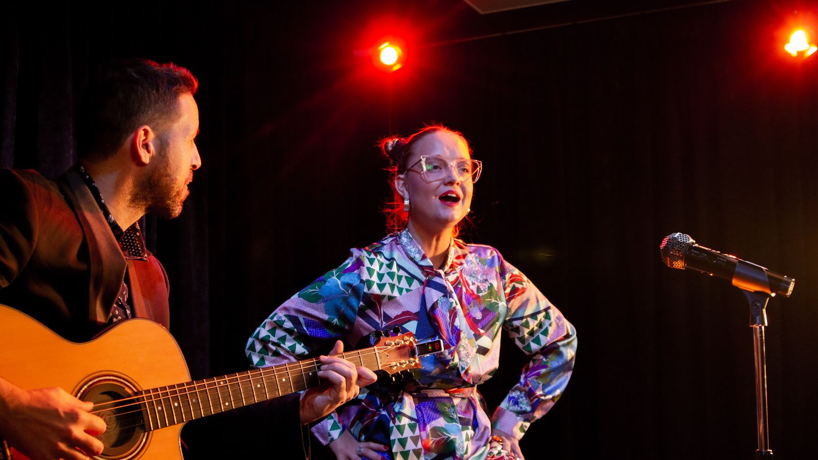 Guitarist Roman Lajara and vocalist Sophia Sotelo recording with the M2