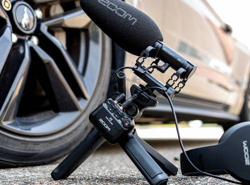 ZSG-1 mounted on a pistol grip connected to the Zoom F2 field recorder