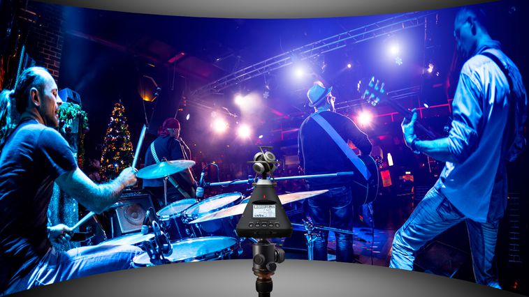 Rock band performing live with H3-VR recording and streaming live sound.