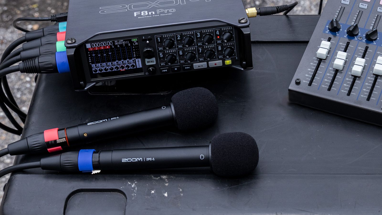 ZPC-1 microphones connected to a Zoom F8n Pro Field Recorder