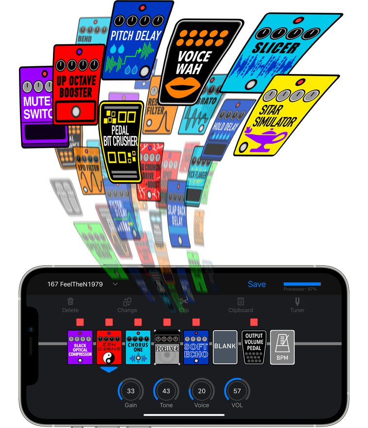 Illustration of the Handy Guitar Lab for G2 FOUR app on the iPhone, with 54 effects added all at once to the screen.