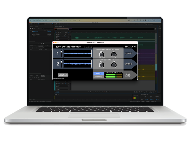 The UAC-232 Mix Control software app open on a laptop