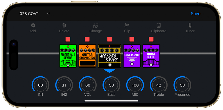 Handy Guitar Lab for MS-50G+ app screen displayed on iPhone (Landscape)