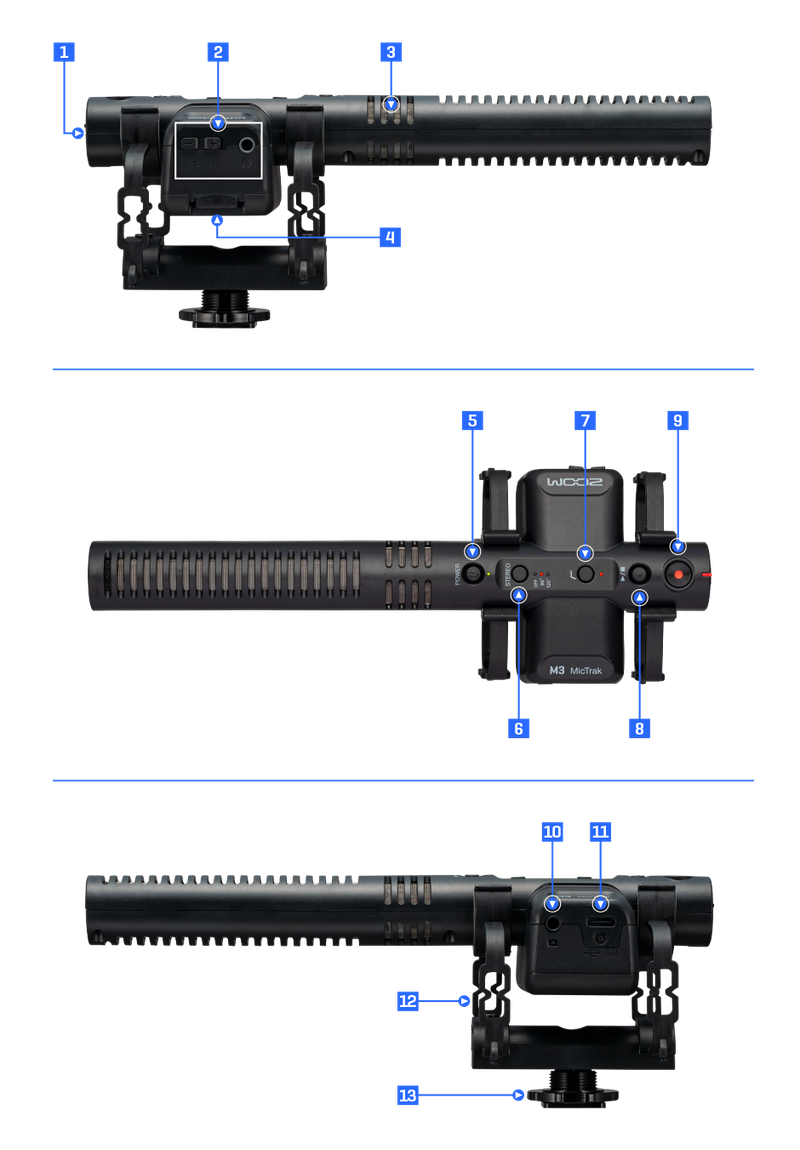 Top view, left side view and right side view of the M3 MicTrak